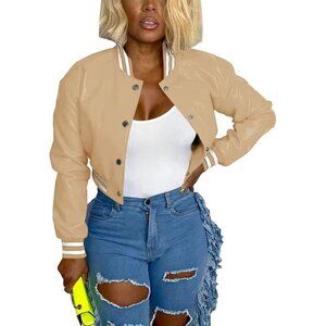 Women's Varsity Jacket Long Sleeve Button Down Bomber Jacket Streetwear B-Khaki